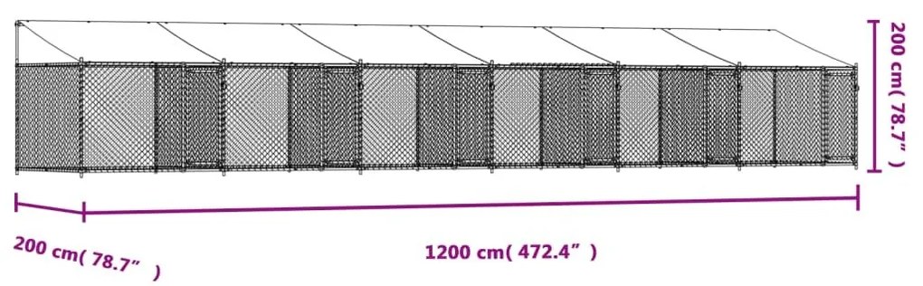 Κλουβί Σκύλου με Οροφή και Πόρτες Γκρι 12x2x2 μ. Γαλβ. Χάλυβας - Γκρι