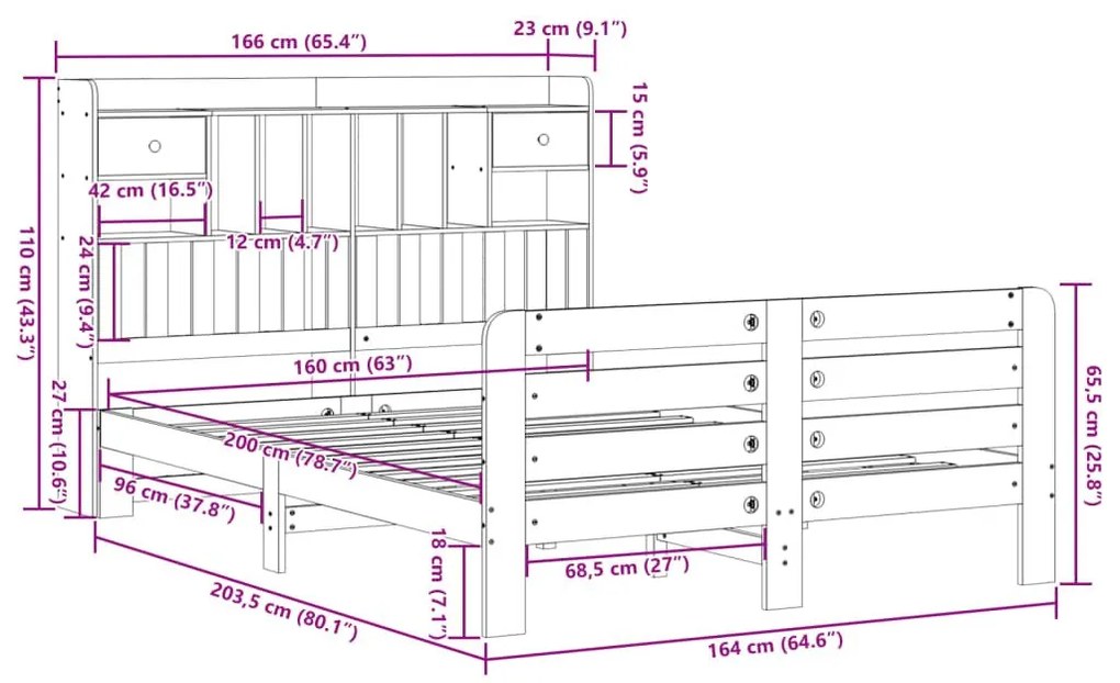 Κρεβάτι Βιβλιοθήκη Χωρίς Στρώμα 160x200 εκ Μασίφ Ξύλο Πεύκου - Καφέ