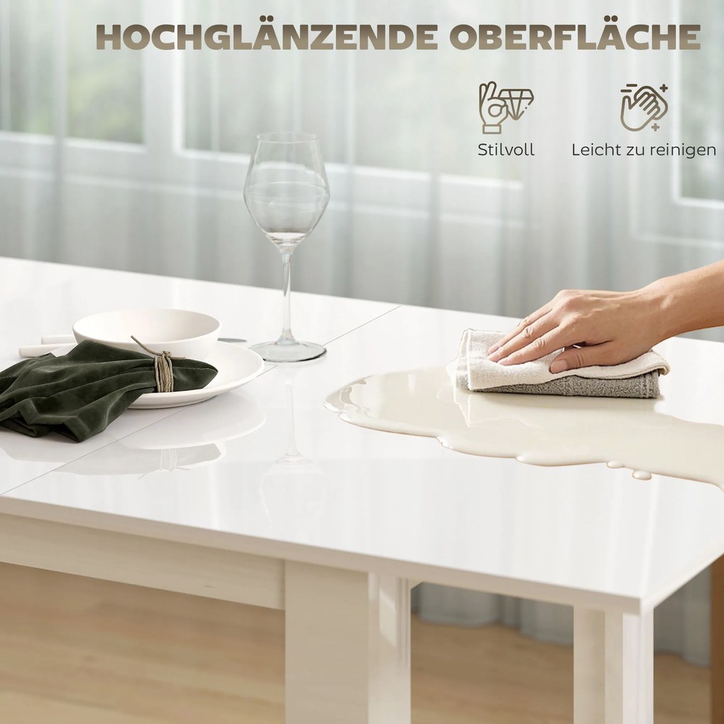 HOMCOM Επεκτεινόμενο Τραπέζι Τραπεζαρίας, 120-160 x 70 cm, Ρυθμιζόμενο Τραπέζι Κουζίνας για 4-6 άτομα, MDF, Γυαλιστερό Λευκό