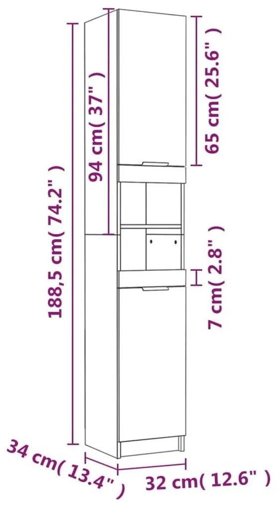 Ντουλάπι Μπάνιου Γυαλιστερό Λευκό 32x34x188,5 εκ. Επεξεργ. Ξύλο - Λευκό