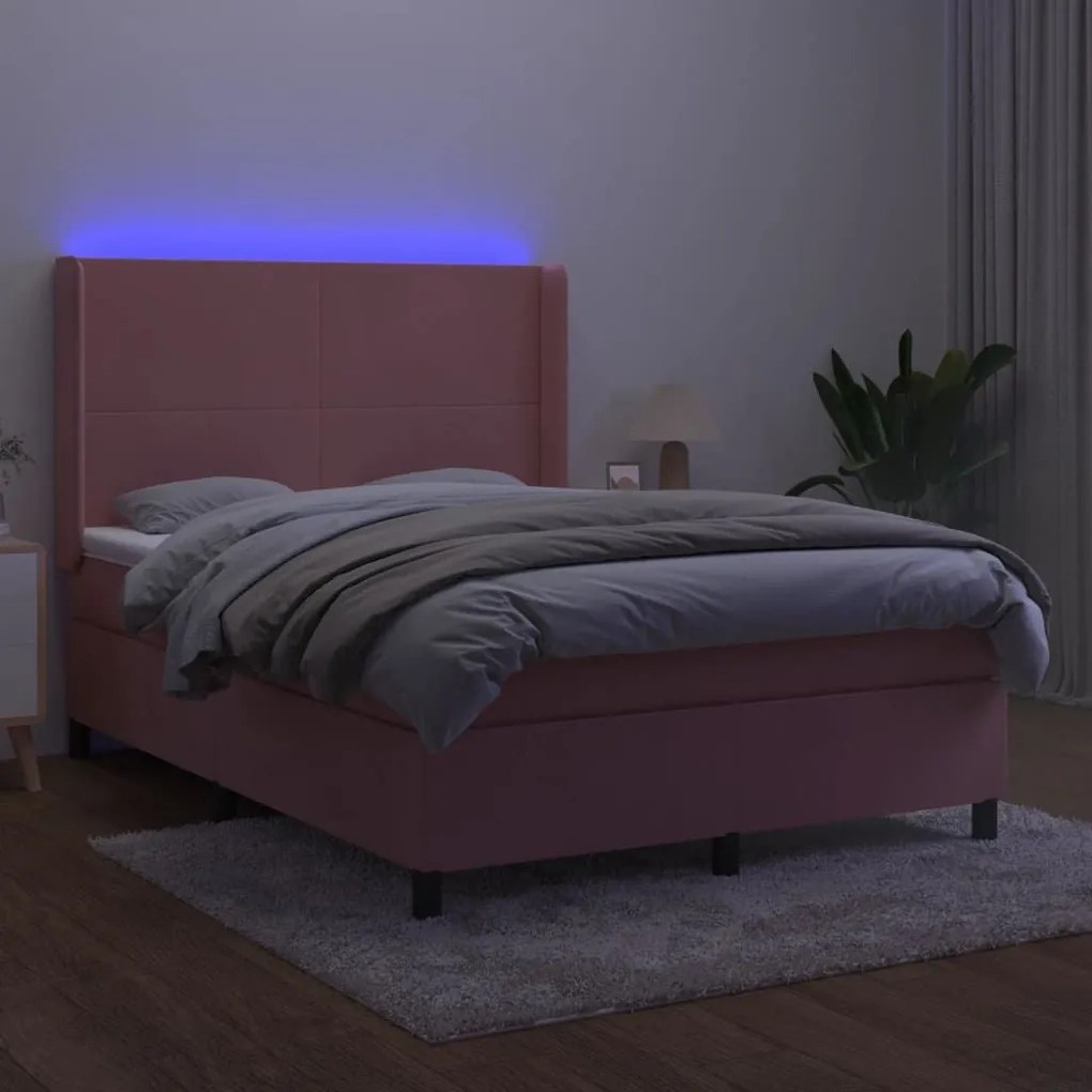 Κρεβάτι Boxspring με Στρώμα &amp; LED Ροζ 140x200 εκ. Βελούδινο - Ροζ