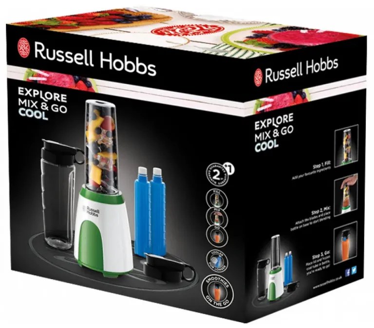 Μπλέντερ Russell Hobbs Explore Mix & Go Cool 25160-56, 300 W, 600 ml, Χωρίς BPA, Ανοξείδωτο ατσάλι, Εργονομική σχεδίαση, Λευκό/Πράσινο