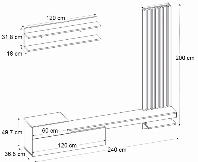 Σύνθεση τηλεόρασης Dumont Megapap χρώμα λευκό - sepet oak 240x36,8x200εκ.