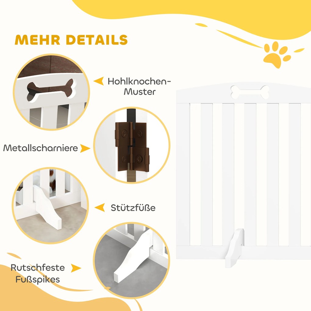 PawHut Ανεξάρτητο πτυσσόμενο φράγμα σκύλου με στηρίγματα, για πόρτες, διαδρόμους, σκάλες, 207,5x 30 x 61 cm, Λευκό