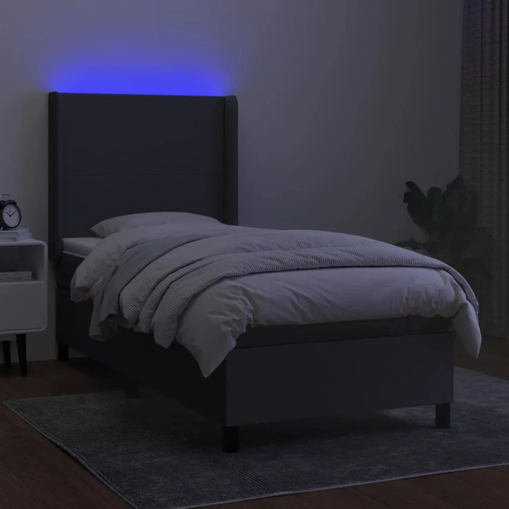 vidaXL Κρεβάτι Boxspring με Στρώμα & LED Σκ.Γκρι 90x200 εκ. Υφασμάτινο