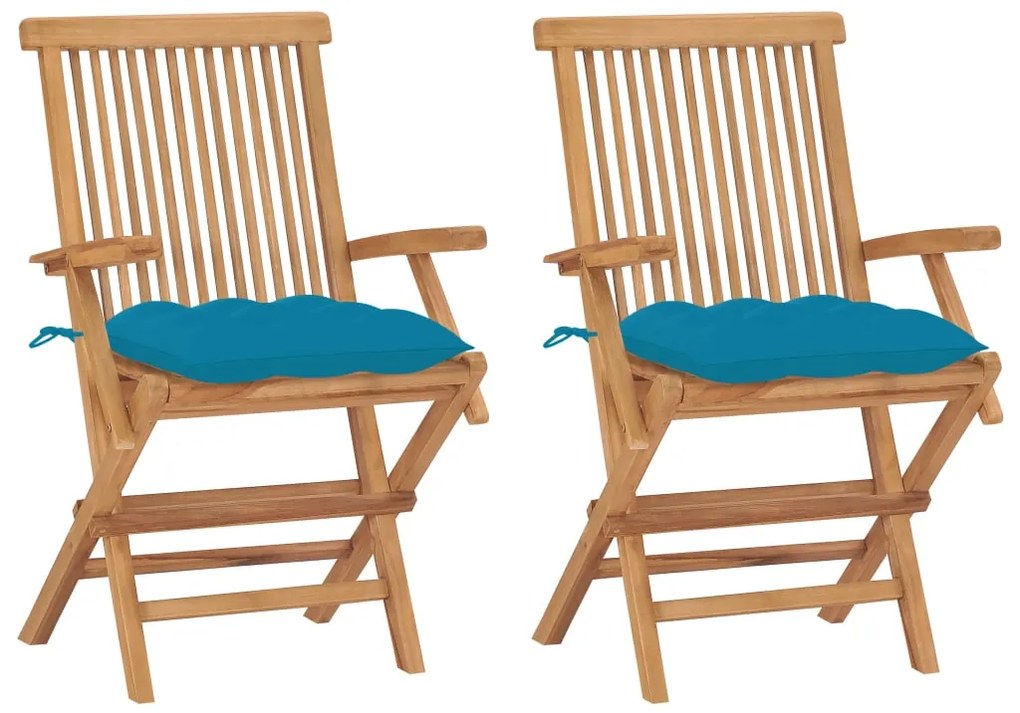 vidaXL Καρέκλες Κήπου 2 τεμ. από Μασίφ Ξύλο Teak με Γαλάζια Μαξιλάρια