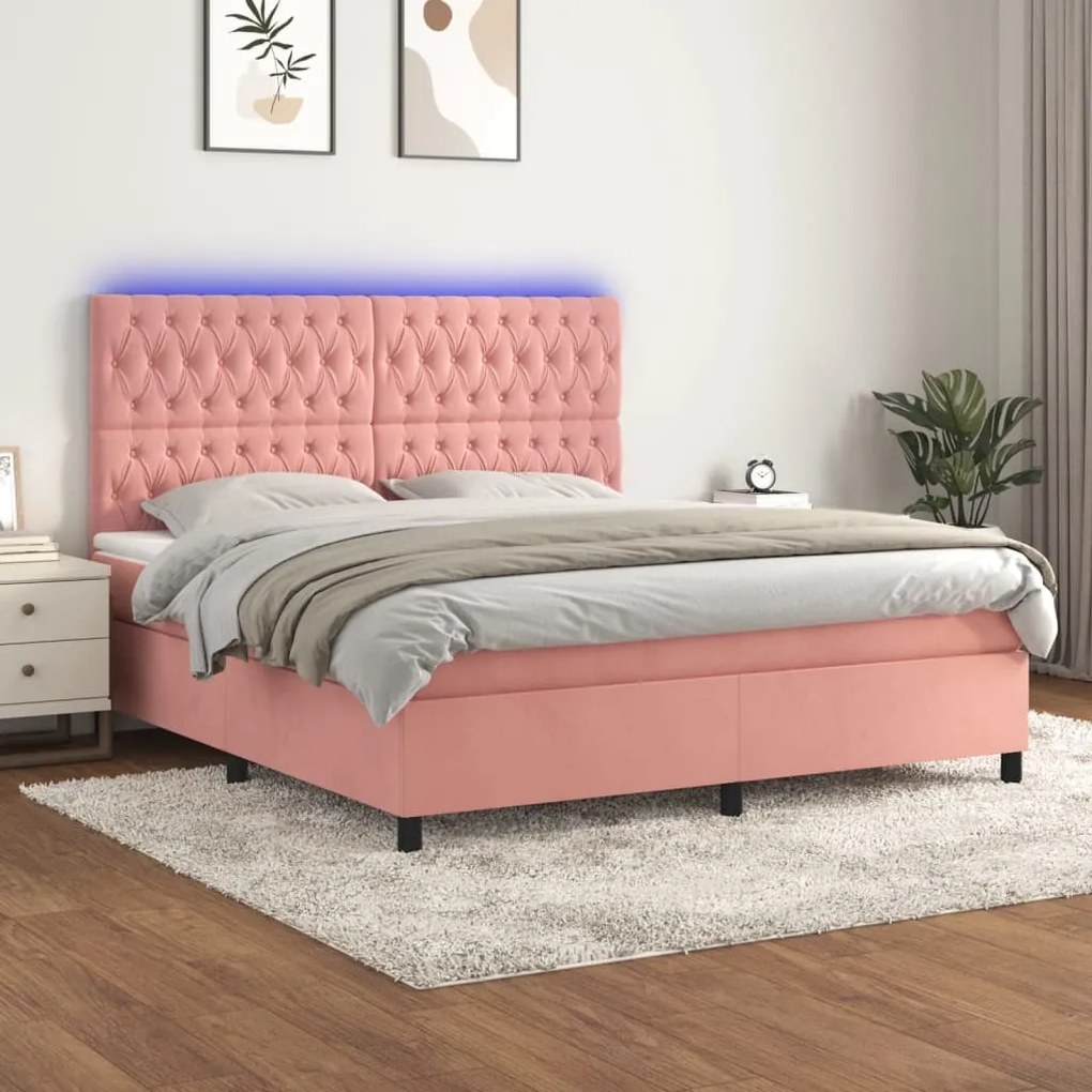 vidaXL Κρεβάτι Boxspring με Στρώμα & LED Ροζ 160x200 εκ. Βελούδινο