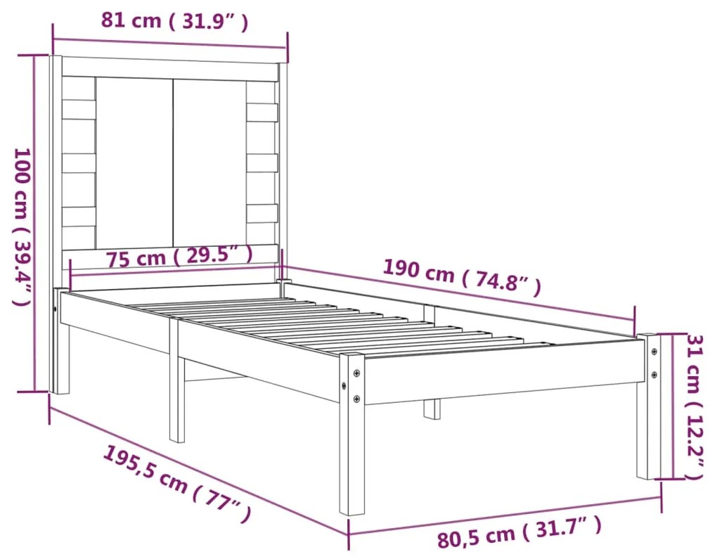 Πλαίσιο Κρεβατιού 75 x 190 εκ. από Μασίφ Ξύλο Small Single - Καφέ