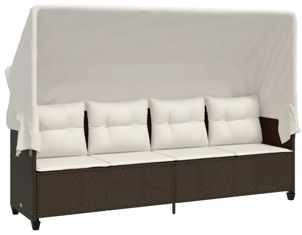 vidaXL Ξαπλώστρα Καφέ Συνθετικό Ρατάν με Σκίαστρο και Μαξιλάρια