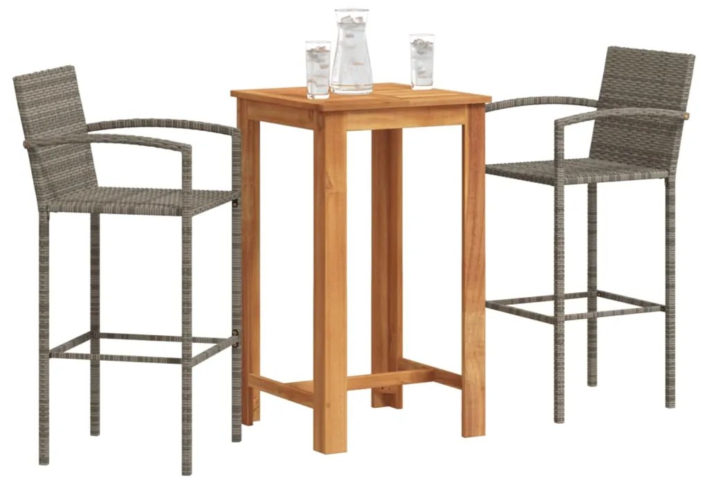vidaXL Σετ Μπαρ Κήπου 3 Τεμ. Γκρι Μασίφ Ξύλο Ακακίας και Συνθ. Ρατάν