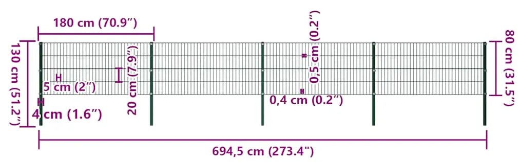 vidaXL Πάνελ Περίφραξης με Στύλους Σιδερένιο Πράσινο 694,5 x 80 εκ.