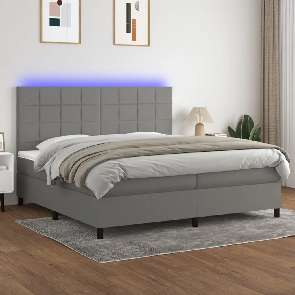 vidaXL Κρεβάτι Boxspring με Στρώμα &amp; LED Σκ.Γκρι 200x200εκ. Υφασμάτινο