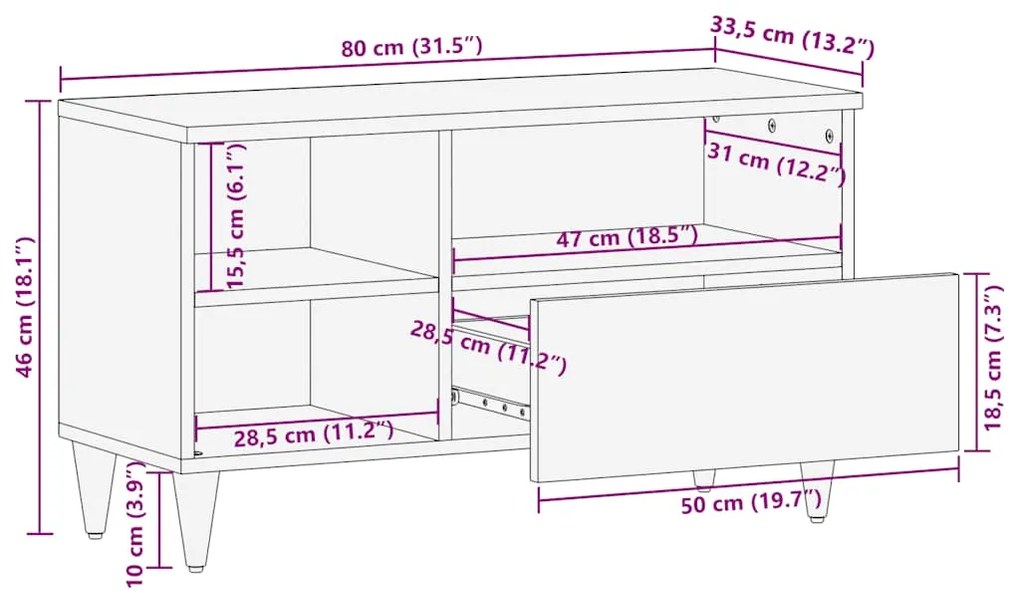 ντουλάπι τηλεόρασης 80x33,5x46 cm μασίφ ξύλο Mango - Καφέ