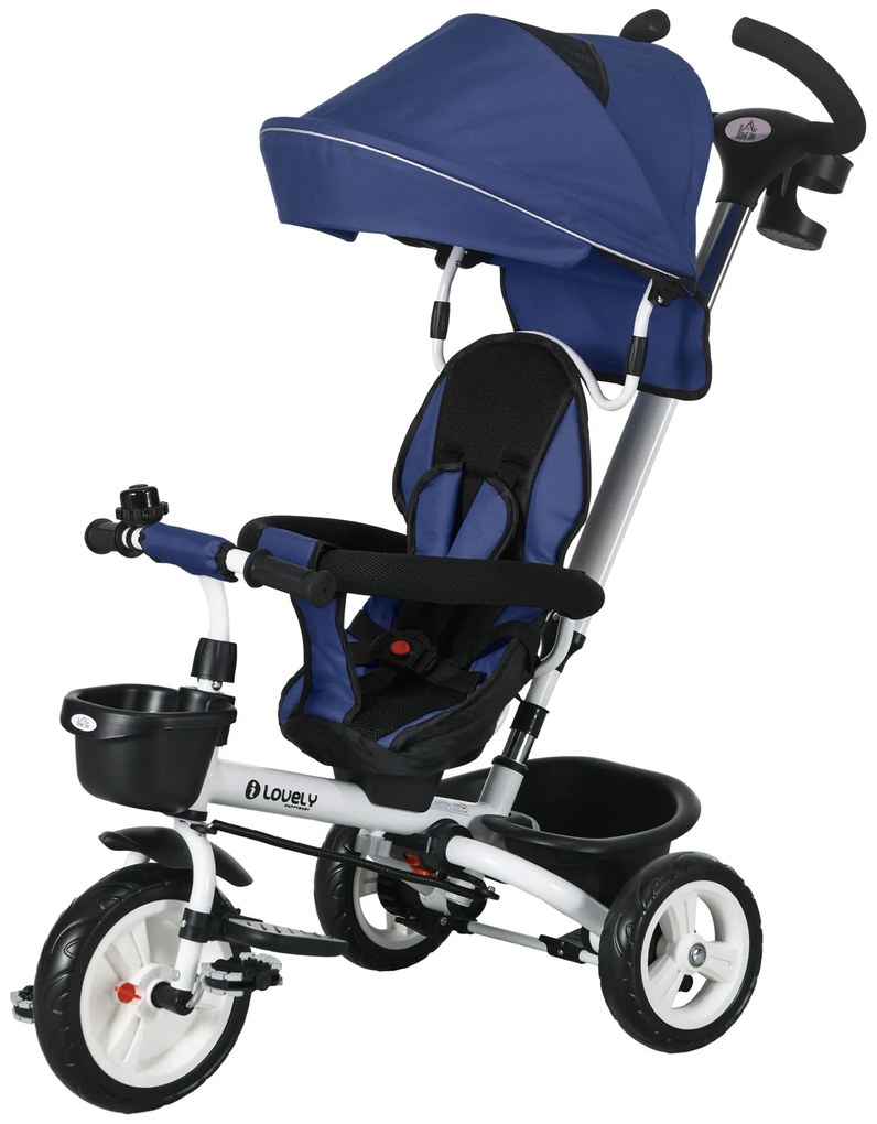 HOMCOM 6-σε-1 παιδικό τρίκυκλο με ράβδο ώθησης, κουκούλα, ζώνη, καλάθι αποθήκευσης, 18+ μηνών, σκούρο μπλε