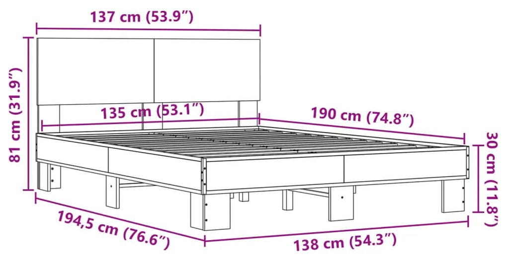 Πλαίσιο Κρεβατιού Γκρι Sonoma 135x190 εκ. Επεξ. Ξύλο &amp; Μέταλλο - Γκρι