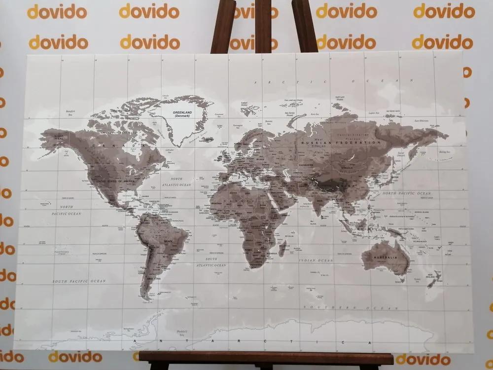 Εικόνα στο φελλό ενός όμορφου ασπρόμαυρου παγκόσμιου χάρτη - 120x80  wooden