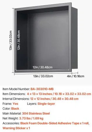 VEVOR Shower Niche 33.0 x 33.0 x 10.2 cm Recessed Wall Shelf Stainless Steel Black