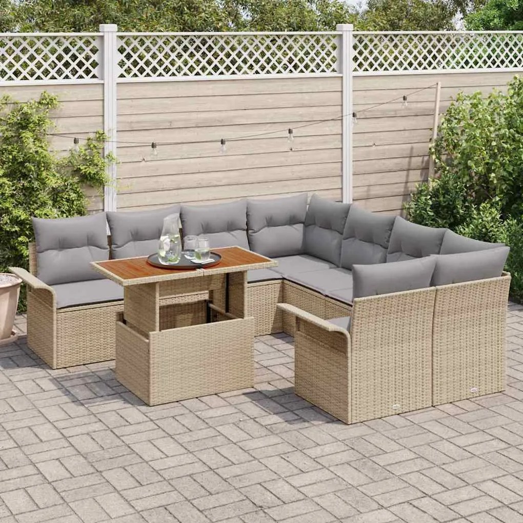 vidaXL Σετ Καναπέ Κήπου με μαξιλάρι 9 pcs μπεζ και ανοιχτό γκρι