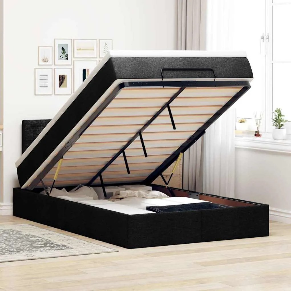 vidaXL Οθωμανικό κρεβάτι με στρώμα &amp; LEDs Μαύρο 120x200 cm Ύφασμα