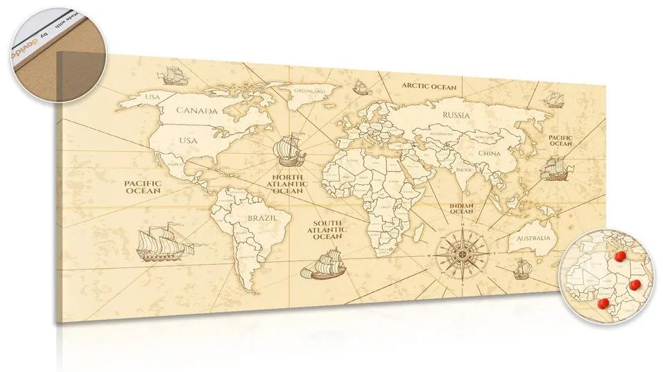 Εικόνα στον παγκόσμιο χάρτη φελλού με βάρκες - 100x50  wooden