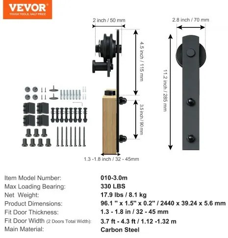 VEVOR 8FT Sliding Barn Door Hardware Kit, 330LBS Heavy Duty Barn Door Track Kit for Double Doors, Fit 3.7-4.3FT Total Wide and 1.3&quot;-1.8&quot; Thick 2 Door Panel, with Smooth &amp; Silent Pulley (I Shape)