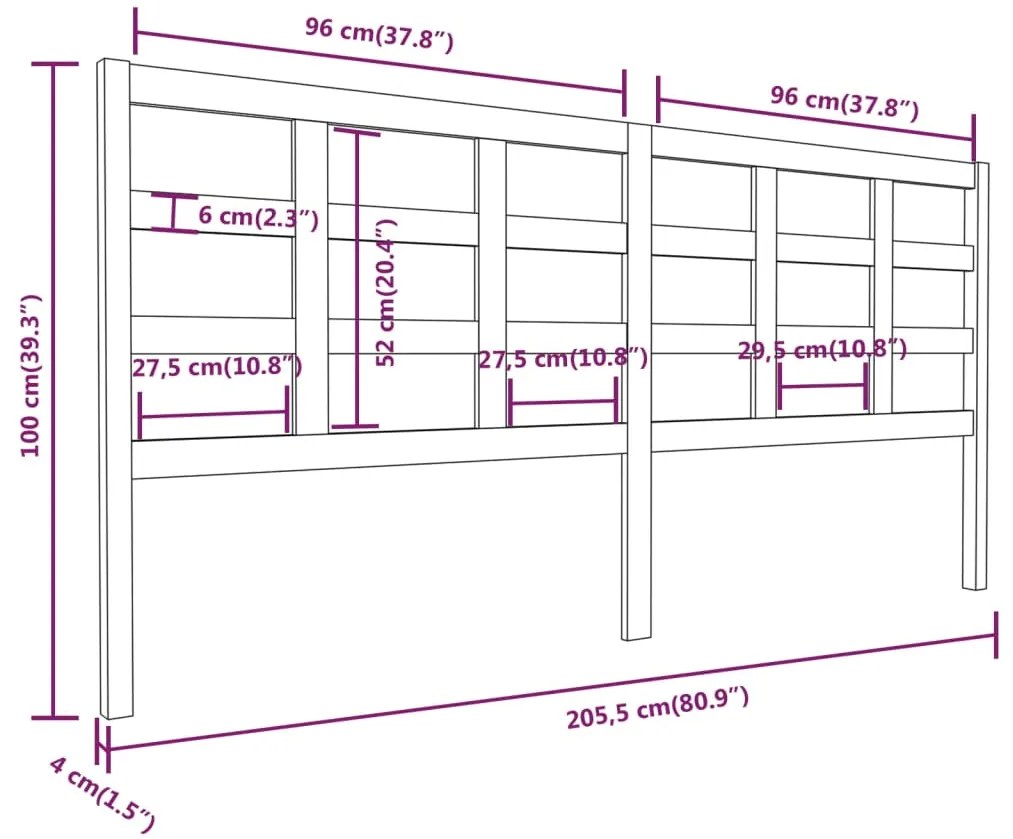 vidaXL Κεφαλάρι Κρεβατιού 205,5x4x100 εκ. από Μασίφ Ξύλο Πεύκου