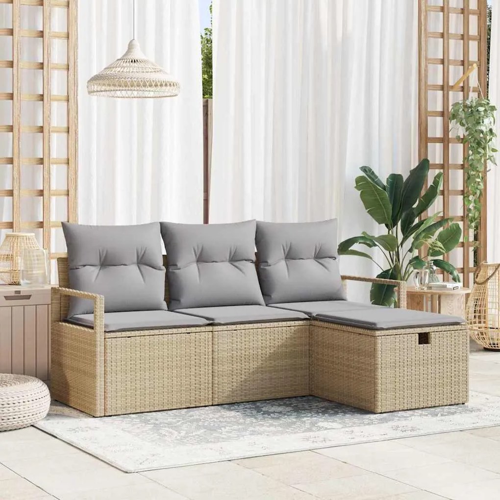 vidaXL Σετ Καναπέ Κήπου με μαξιλάρι 4 pcs Μπεζ Πολυ ράταν