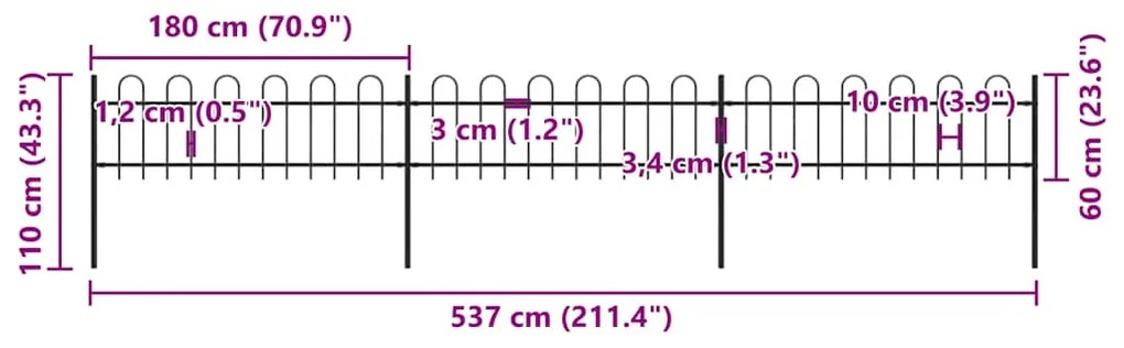 vidaXL Φράχτης Κήπου με Κορυφή από Ατσάλι Μαύρο 537 x 60 εκ.