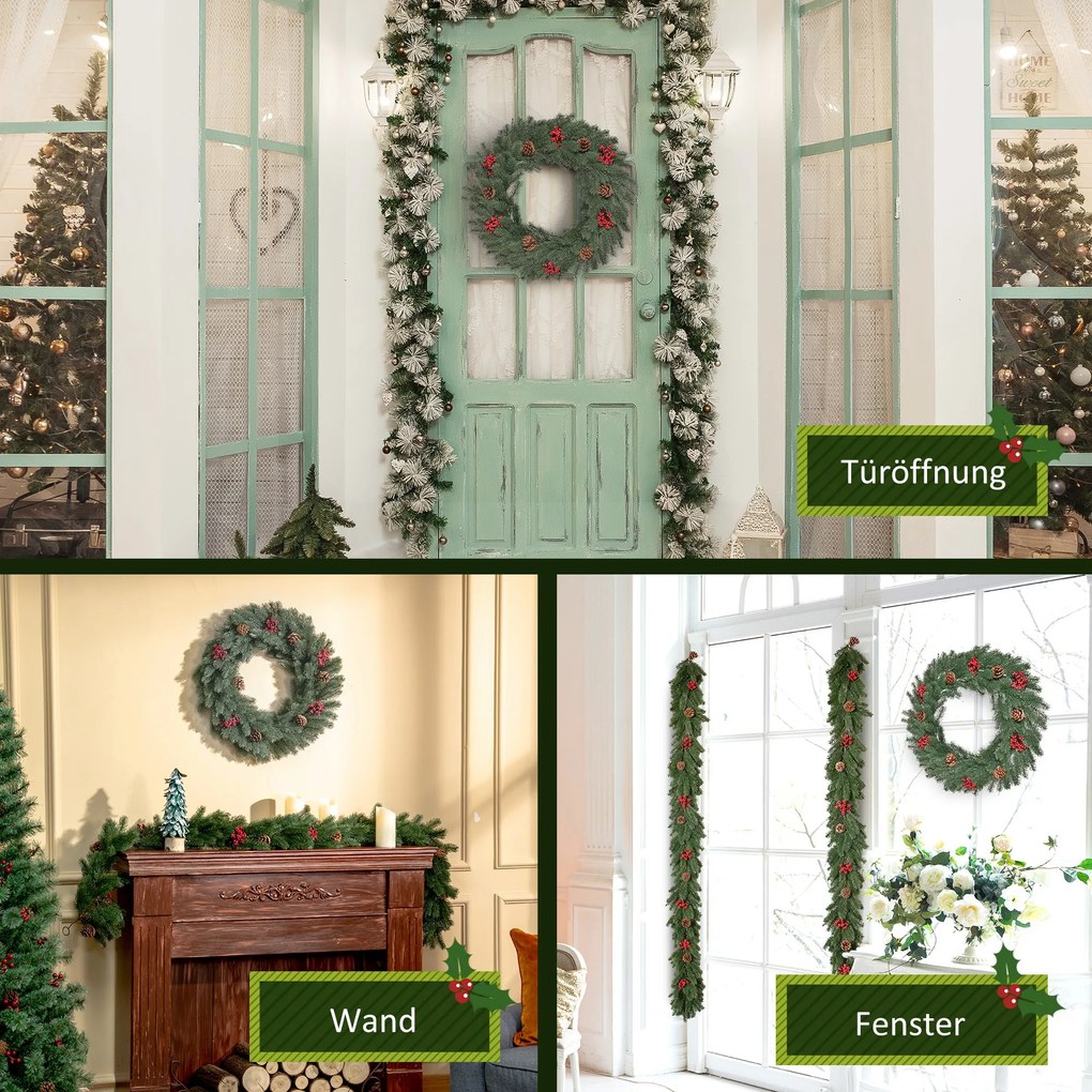 HOMCOM Στεφάνι πεύκου Στεφάνι πόρτας Χριστουγεννιάτικο στεφάνι Πίσω με θηλιά ανάρτησης PE Πράσινο Ø60 x 8 cm
