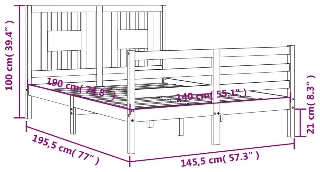 Πλαίσιο Κρεβατιού με Κεφαλάρι 140x190 εκ. από Μασίφ Ξύλο - Καφέ