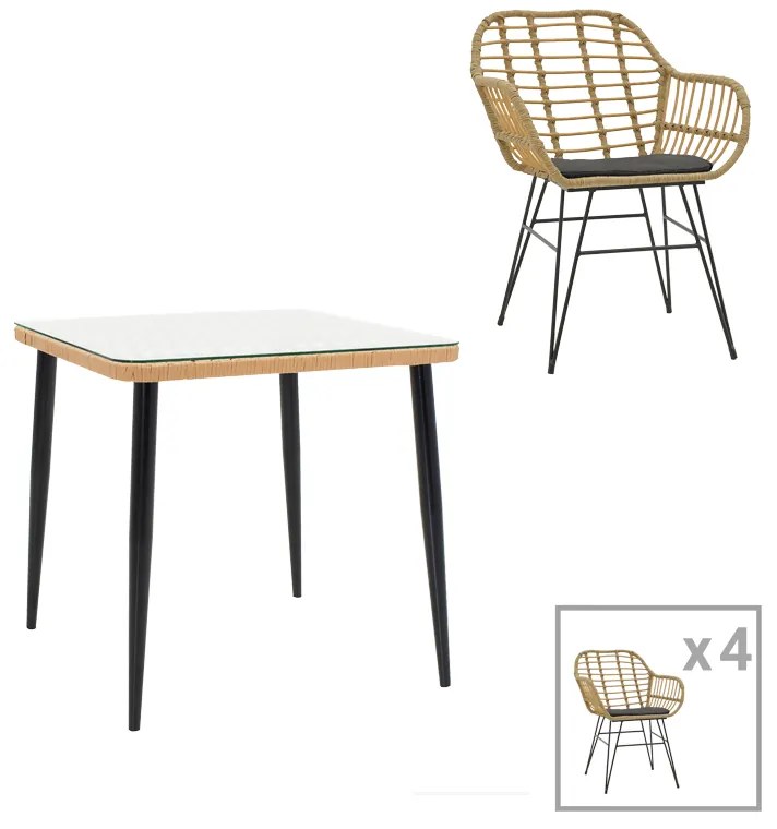 Τραπεζαρία Naoki V σετ 5τεμ pakoworld rattan pe σε φυσική απόχρωση και μαύρο μέταλλο 80x80x78εκ
