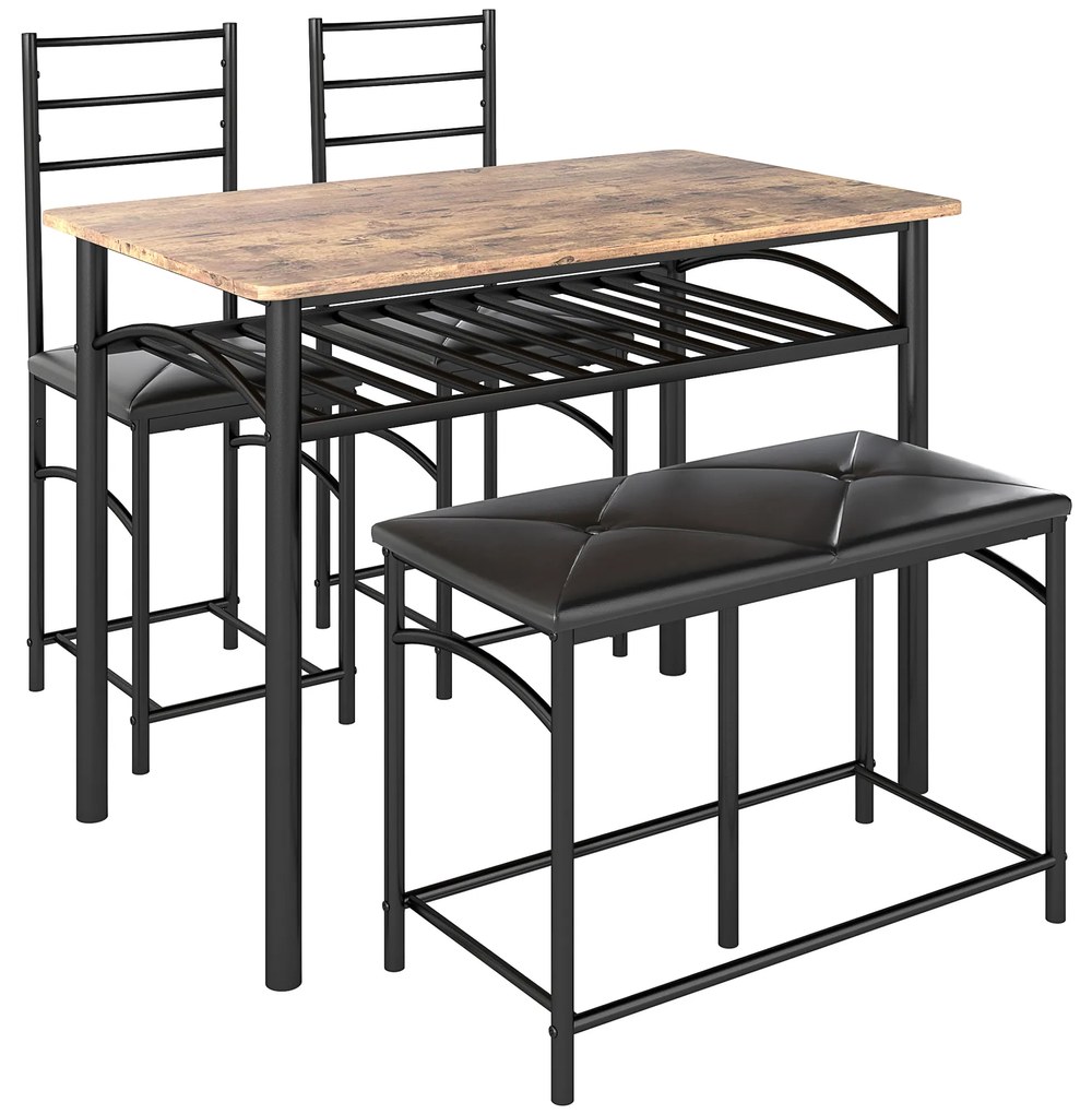 Σετ Τραπεζαρίας HOMCOM 4 τεμαχίων, Σετ Εξοικονόμησης Χώρου με Τραπέζι, 2 Καρέκλες και Πάγκο, για Μικρούς Χώρους, Μέταλλο, Ξύλο, Καφέ