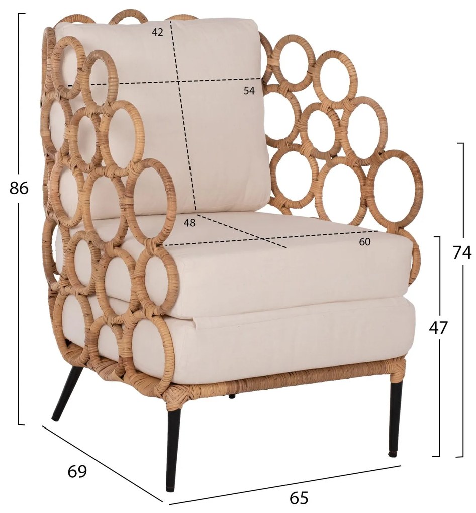 Πολυθρόνα RINGER C9341 Μεταλλική με Φυσικό RAttan 65x69x86Y εκ. 65x69x86 εκ.