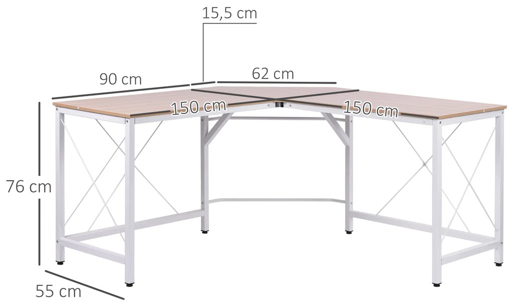 HOMCOM Γραφείο Υπολογιστή, Γραφείο σε Σχήμα L, Γραφείο Εργασίας, Γραφείο Γραφείου, Γωνιακό Γραφείο, Γραφείο Γωνίας, MDF Φυσικό 150 x 150 x 76 cm