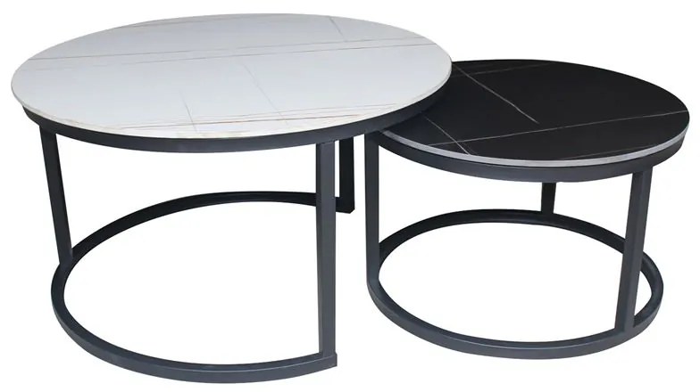 TERRY Set2 Τραπεζάκια Σαλονιού , Μέταλλο Βαφή Μαύρο, Sintered Stone White-Black Marble  Φ.80 H.48cm   Φ.60 H.40cm ΕΜ526,S