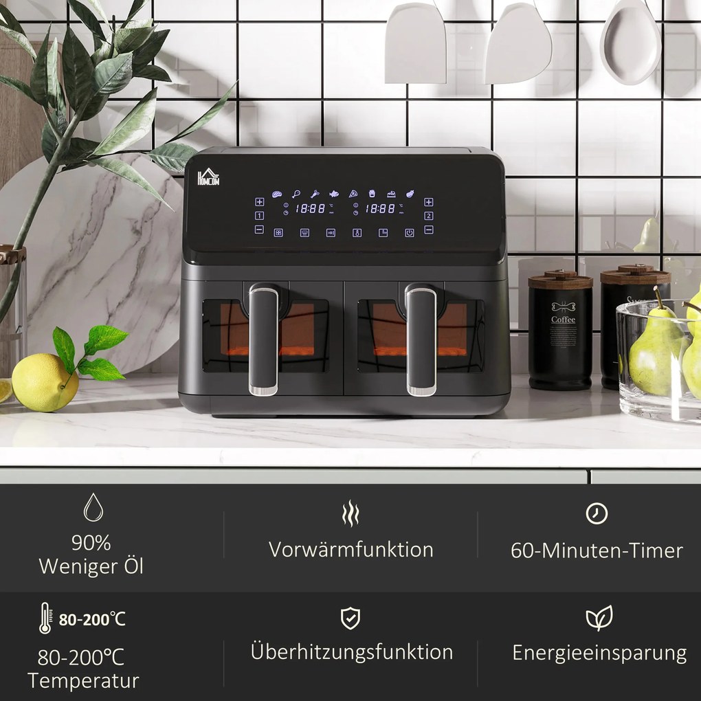 HOMCOM Φριτέζα αέρος, 2 καλάθια τηγανίσματος á 4 λίτρα, 8 προγράμματα, φως, χρονοδιακόπτης, 38,5 x 38 x 30,5 cm, Μαύρο