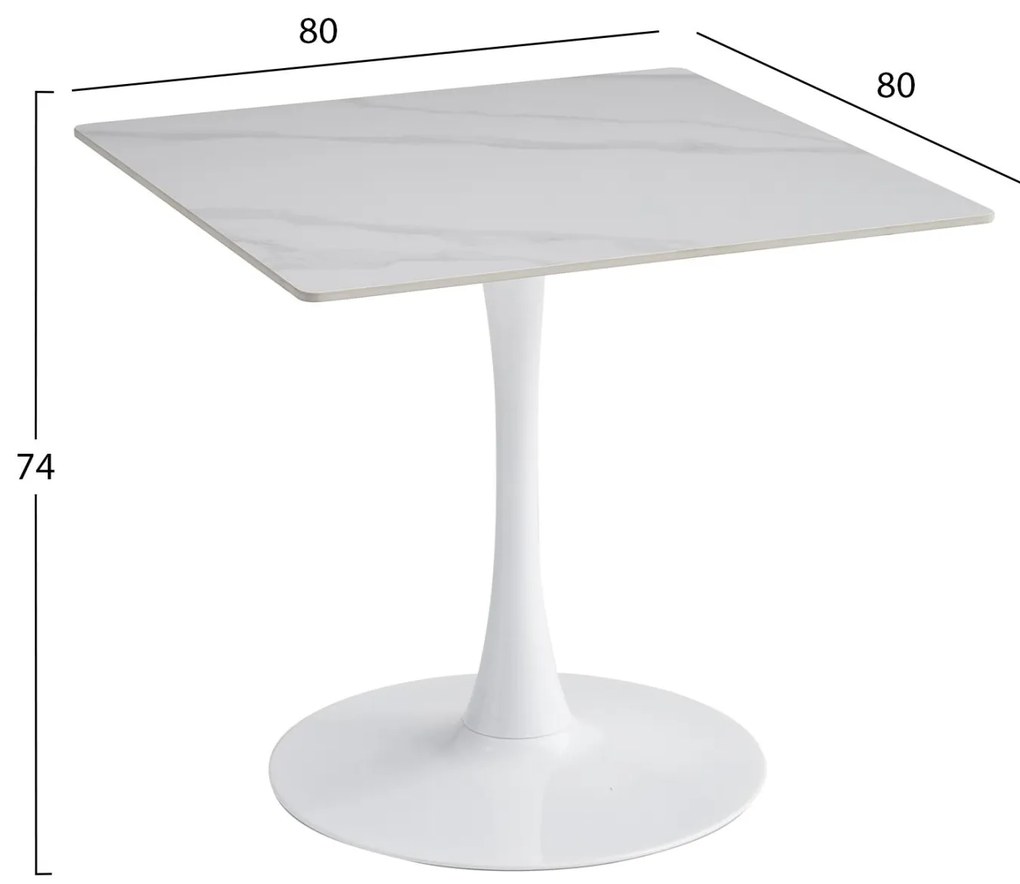 Τραπέζι Τραπεζαρίας TETRAN Βάση Λευκή -Sintered Stone TOP σε Snow White 80x80x74Υεκ. 80x80x74 εκ.