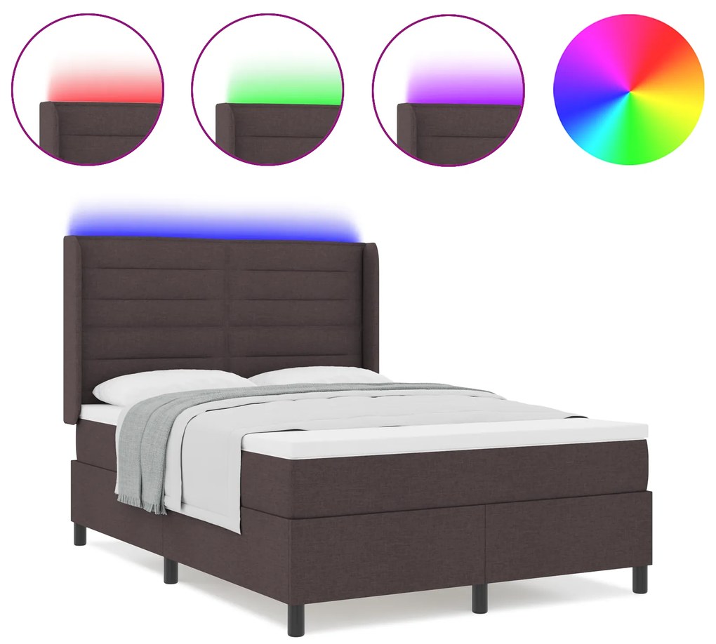 vidaXL Κρεβάτι Box Spring με Στρώμα & LED Καφέ Σκούρο 140x200 εκ. Ύφασμα