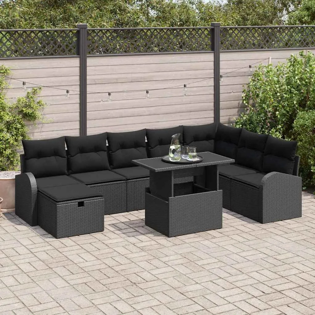 vidaXL Σετ Καναπέ Κήπου με μαξιλάρι 9 pcs Μαύρο Πολυ ράταν
