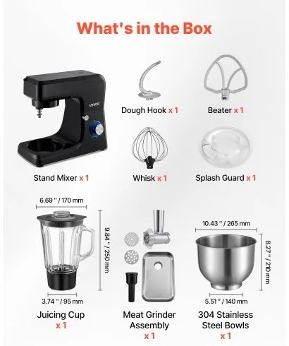 VEVOR Stand Mixer, 7.8 L Electric Kitchen Mixer, 1500W Dough-Mixer, 6+P Speeds Tilt-head Food-Mixer with 1.5 L Blender Cup, Stainless Steel Bowl, Dough Hook, Whisk, Beater, for Baking, Mixing, Black