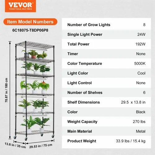 VEVOR DIY Plant Stand with Grow Lights 6 Tiers 192W 70.9&quot; Tall Plant Grow Shelf