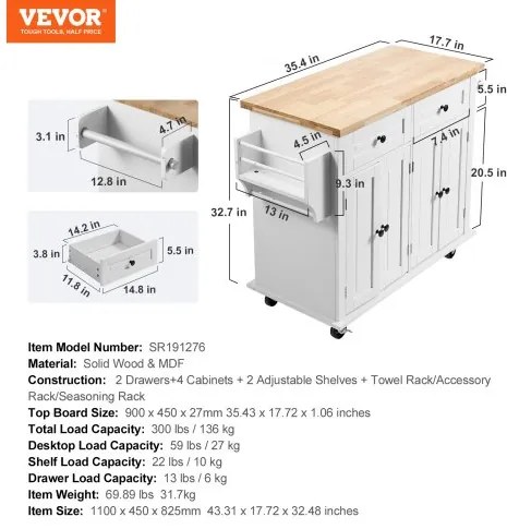 VEVOR Kitchen Island Cart with Solid Wood Top, 35.4" Width Mobile Carts with Storage Cabinet, Rolling Kitchen Table with Spice Rack, Towel Rack, and Drawer, Portable Islands on Wheels, White
