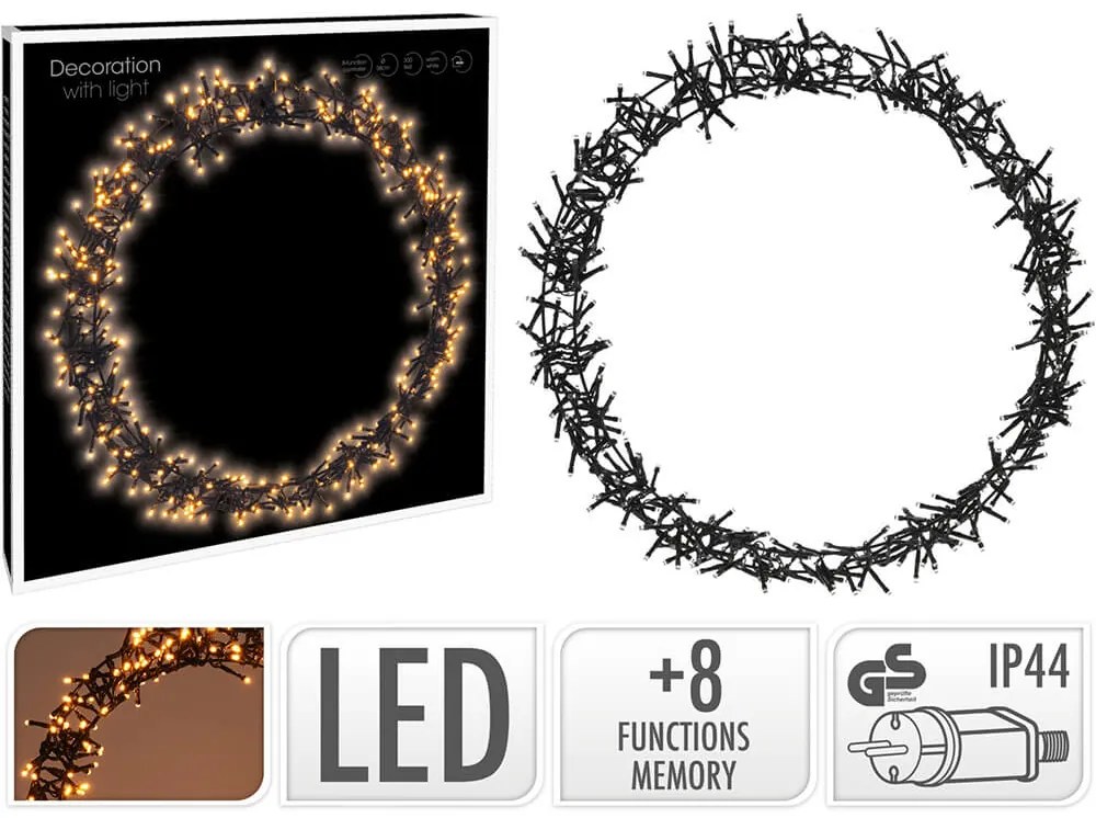 Στεφάνι με 400 φωτάκια LED - 3 Μέτρα σύνδεσης , Kανονική Διάταξη, με χειριστήριο, 8 προγράμματα, Μαύρο καλώδιο PVC και διάμετρο 48cm - Θερμό Λευκό