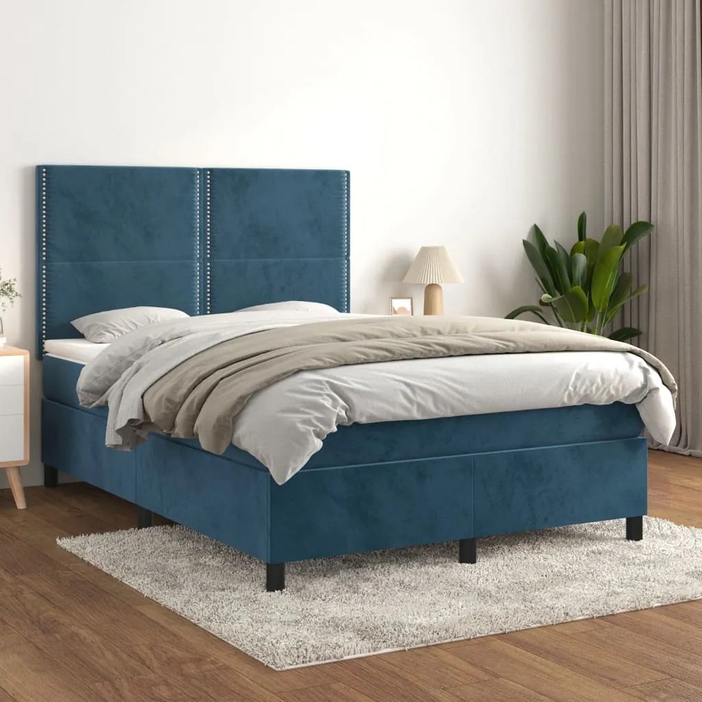 vidaXL Κρεβάτι Boxspring με Στρώμα Σκούρο Μπλε 140x190 εκ. Βελούδινο