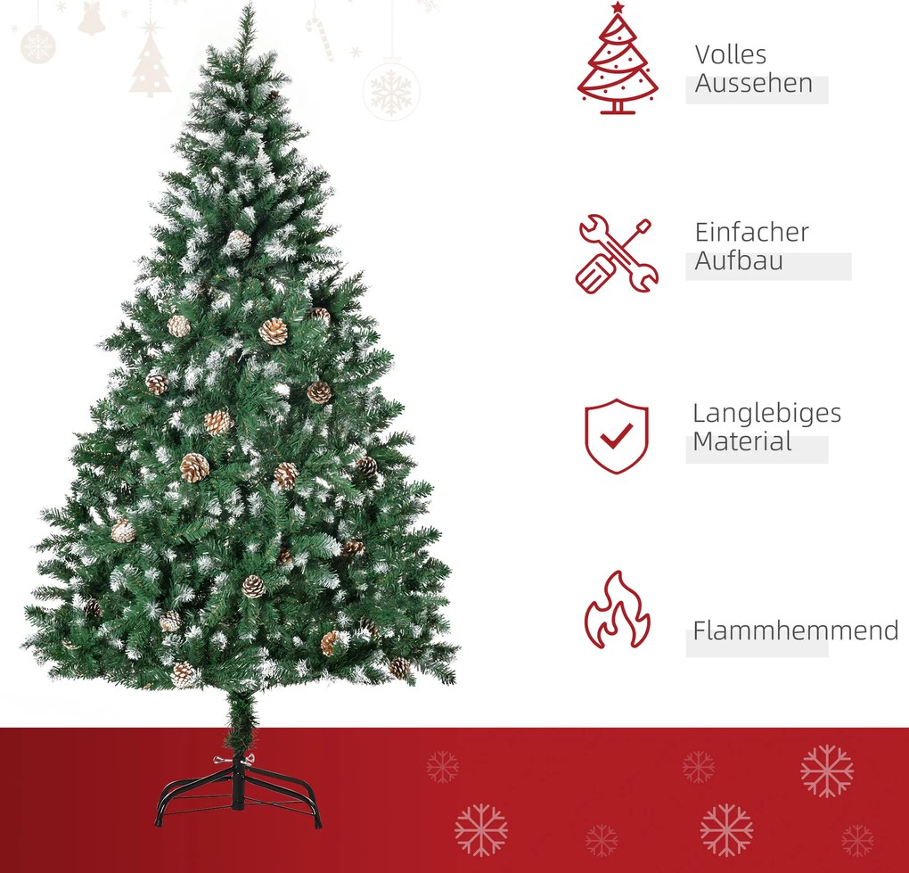 HOMCOM Τεχνητό Χριστουγεννιάτικο Δέντρο 180 εκ. Πεύκο Τεχνητό με 59 Κουκουνάρια, Χιόνι, 1111 Κλαδιά για Εσωτερικό Χώρο