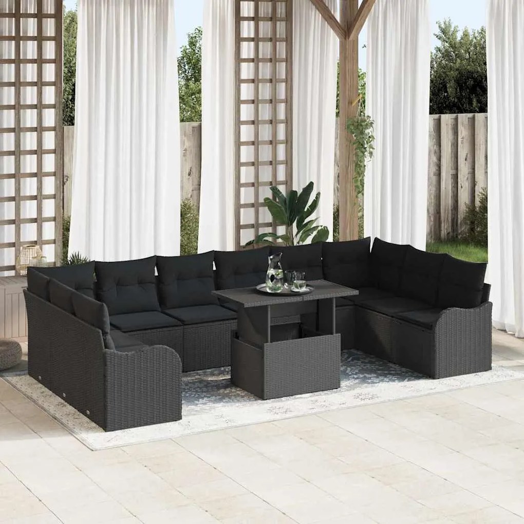 vidaXL Σετ Καναπέ Κήπου με μαξιλάρι 11 pcs Μαύρο Πολυ ράταν