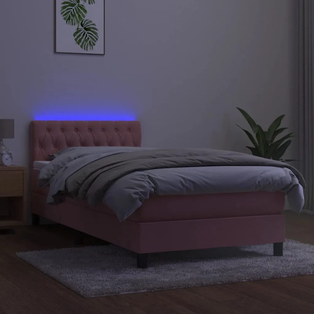 vidaXL Κρεβάτι Boxspring με Στρώμα &amp; LED Ροζ 90x190 εκ. Βελούδινο
