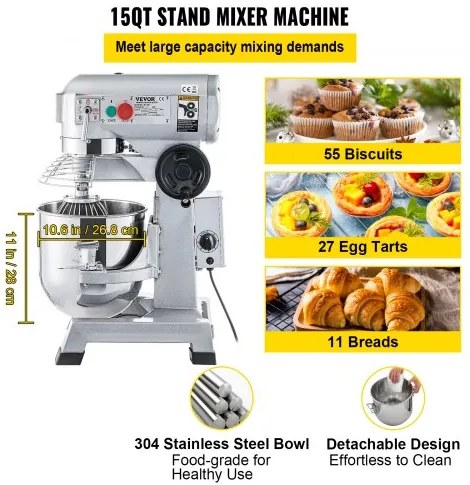 VEVOR Commercial Stand Mixer, 15Qt Stainless Steel Bowl, 850W Heavy Duty Electric Food Mixer with 3 Speeds Adjustable 113/184/341 RPM, Dough Hook Whisk Beater Included, Perfect for Bakery Pizzeria