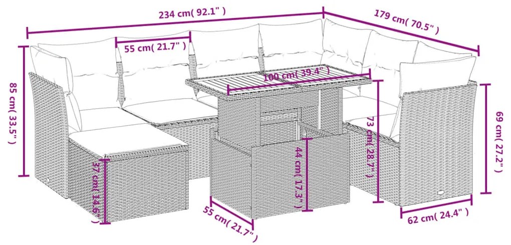 vidaXL Σαλόνι Κήπου 8 Τεμαχίων Μαύρο από Συνθετικό Ρατάν με Μαξιλάρια