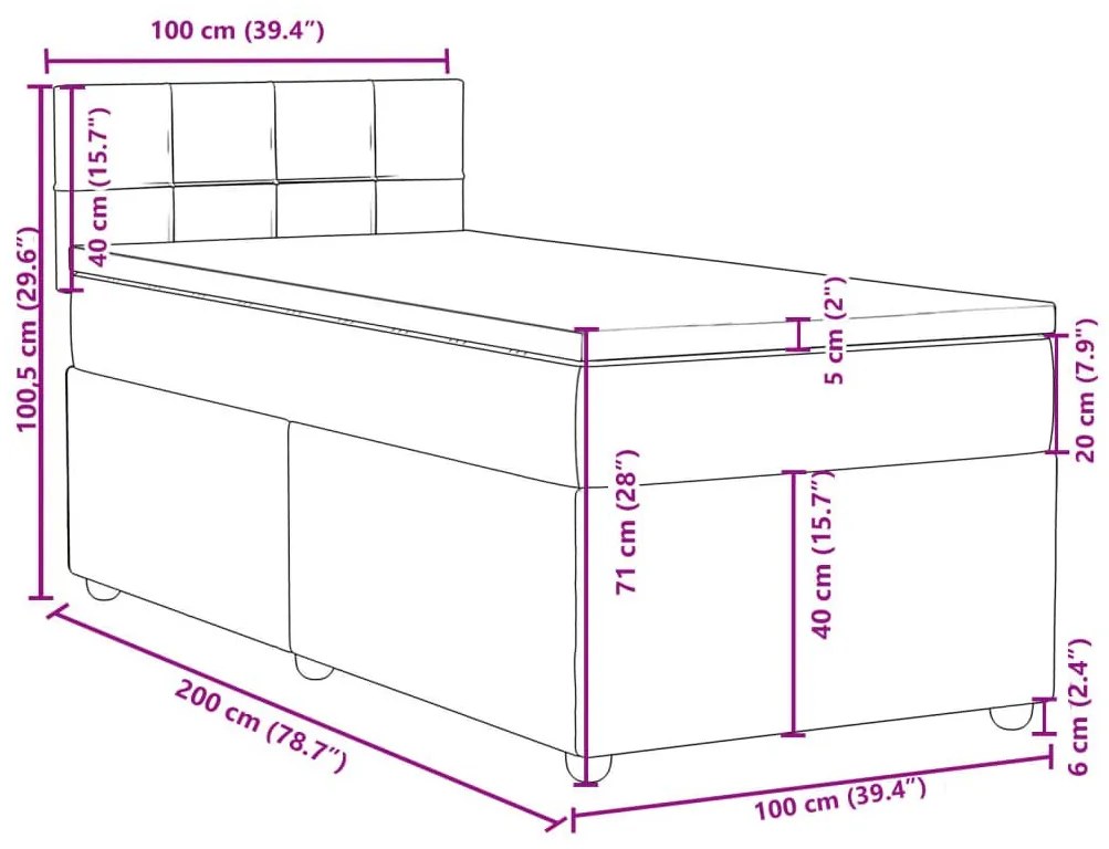 Κρεβάτι Boxspring με Στρώμα Σκούρο Γκρι 100x200 εκ. Υφασμάτινο - Γκρι